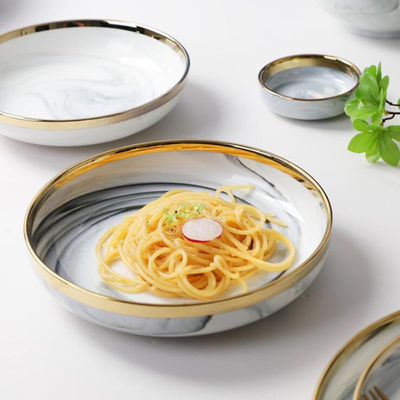 Vajilla de cerámica Bandeja de cena de porcelana con diseño de mármol gris con borde dorado de doble cara, platos de cocina, platos de comida de cerámica, tazón de fideos para ensalada de arroz ( Colo