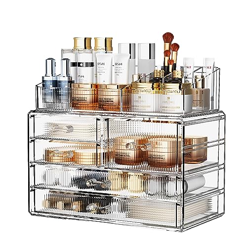 ZHIAI Stackable Storage Drawers, Acrylic Bathroom Counter Organizer Clear Makeup Organizers for Vanity, Kitchen Cabinets, Bathroom, Undersink, Home Organization and Storage (2Top 3 Drawers,)
