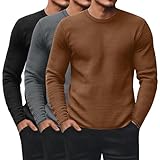 Ficerd 3 Pack Men's Waffle Long Sleeve Shirts, Crew Neck Thermal Underwear Tops Casual Pullover Sweaters Knit Undershirts(Black, Dark Gray, Coffee,Large)