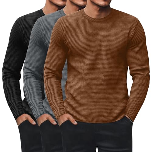 Ficerd 3 Pack Men's Waffle Long Sleeve Shirts, Crew Neck Thermal Underwear Tops Casual Pullover Sweaters Knit Undershirts(Black, Dark Gray, Coffee,Large)