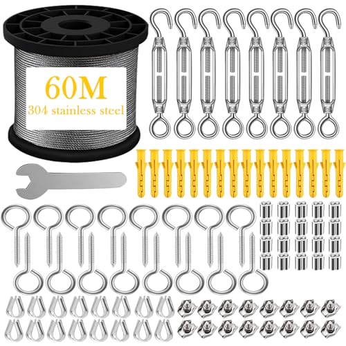 OWSYTOOL Drahtseil 2mm 60M, 304 Stahlseil mit 8pcs Spannschloss, Vinyl beschichtet String Lichter hängenden Draht für Outdoor-Camping, Spalier, Garten, Wäscheleine, Vorhang, Festival (60M 2mm)