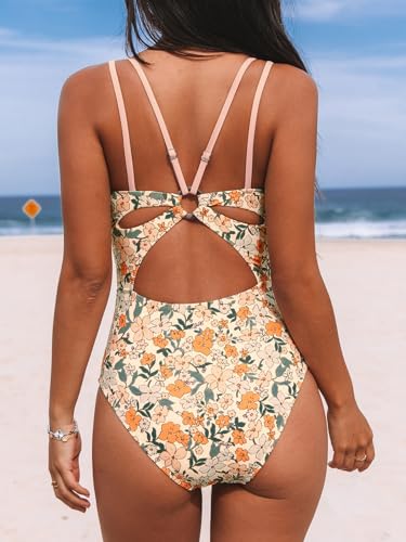 Image of CUPSHE Women's V Neck One Piece Cutout Tummy Control Swimsuit | Double Adjustable Straps,Back Cutout,O Ring,Soft Removable Cups,Flattering Bathing Suit For Vacation And Beach