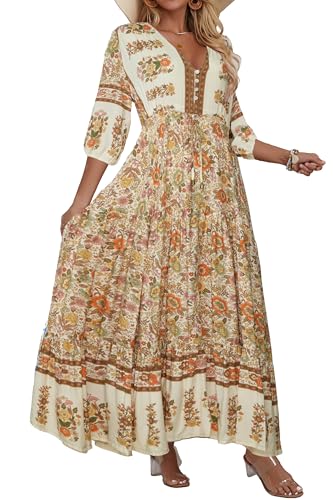 Image of Women Short Sleeve V Neck Floral Print Casual Bohemian Maxi Dresses