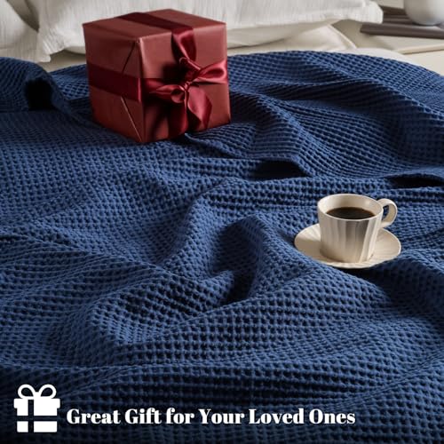 Image of PHF 100% Cotton Waffle Blanket Lightweight Breathable, Queen, Bright Blue | Pre-washed Soft Cozy Summer Throw for Hot Sleepers, Textured Decorative Layer for Bed Couch Sofa Guest Room, Giftable
