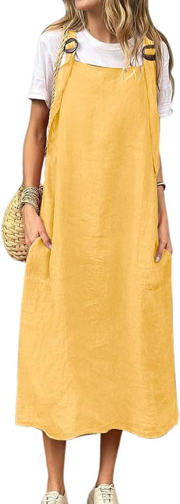 chouyatou Women's Baggy Cotton Overall Dress Summer A-Line Midi Long Tunic Dress with Pockets