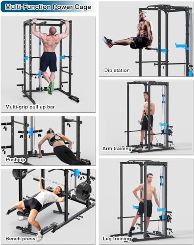 Image of ULTRA FUEGO Power Cage, Multi-Functional Power Rack with J-Hooks, Dip Handles, Landmine Attachment and Optional Cable Pulley System for Home Gym