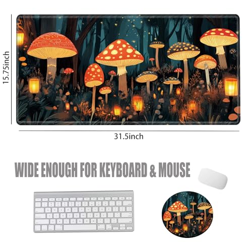 Image of Large Mouse Pad Gaming Desk Pad Mushroom Mousepad for Wireless Mouse XXL 31.5''X15.75'' Big Desk Mats Extended Mouse Mat of Girl Desktop Computer with Coaster