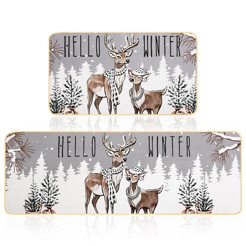 Tinideya Hello Winter Kitchen Mats Set of 2 Reindeer Kitchen Rugs Christmas Rug Forest Mat Non Slip Rugs for Winter Farmhouse Rustic Home Xmas Decor