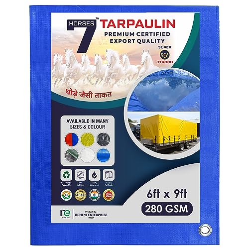 Image of 7 Horses 6 x 9 ft 280 GSM Blue Tarpaulin Tirpal Tadpatri Tharpai Thadika|Heavy Duty Poly Tarp with Aluminium Eyelets Every 7 feet|100% Waterproof Plastic Cover for Truck, Roof, Rain & More
