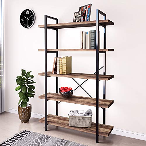 45MinST 5-Tier Vintage Industrial Style Bookcase/Metal and Wood Bookshelf Furniture for Collection,Vintage Brown, 3/4/5 Tier (5-Tier)
