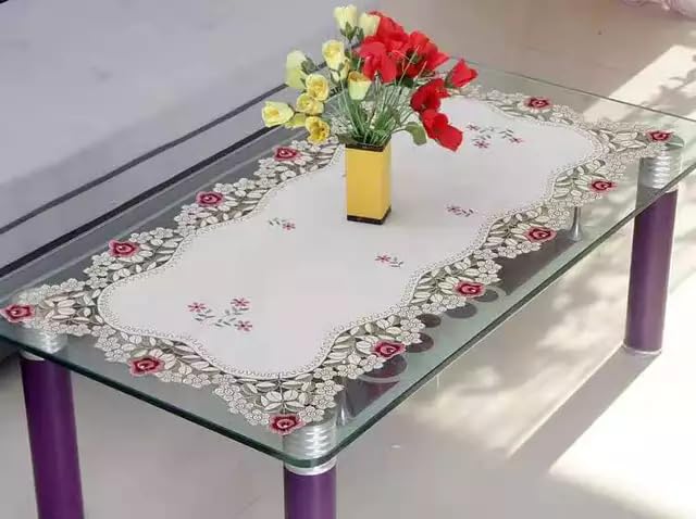MONKDECOR Satin Embroidery Flower Cutwork Design Center/Coffee Table Runner (16x33 Inches) -Design02