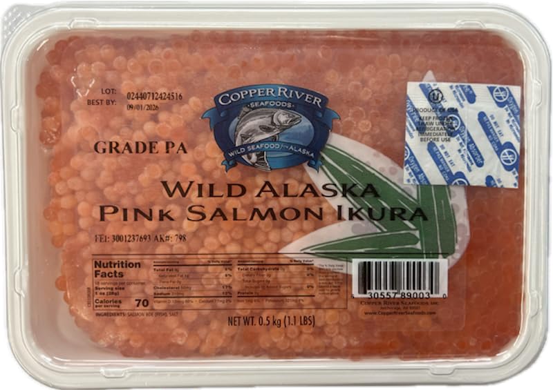 Wild Alaskan Pink Salmon Red Caviar, Copper River Seafoods, Kosher Whole Salmon Roe/Ikura, 500g/1.1lb (Pack of 2)