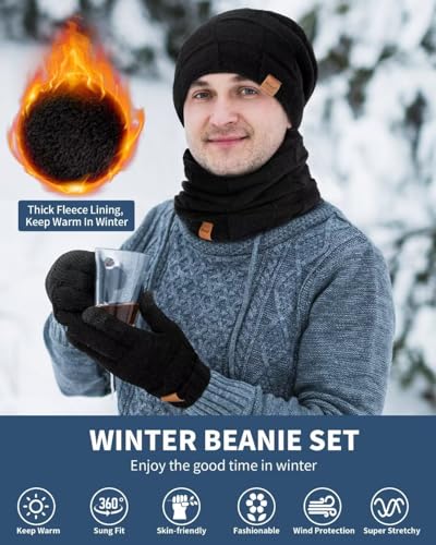 Winuesa Mütze, Schal & Handschuh-Sets für Damen Herren, Slouchy Beanie Mütze Herren Winter Strickmütze Touchscreen Handschuhe Schal Halswärmer Schlauchschal Geschenk set(Schwarz)