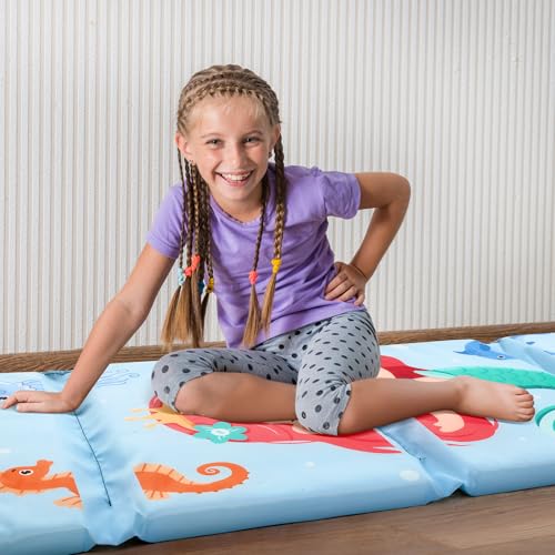 Image of Shellwei Vinyl Nap Mat Kid Preschool Daycare Sleep Mat,Mermaid | 1 inch Thickness, 45 inch x 19 inch x 1 inch, 4-section Softness Rest Mat, Suitable for Daycare Travel, and Home, Easy to Clean