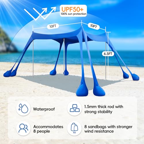 Ueakpic UE-BT-8 Beach Canopy Beach Tent Sun Shelter 10X10Ft Beach Shade Outdoor Pop Up Sunshade Upf50+ With 8 Sandbags, Sand Shovels, Ground Pegs, Stability Poles For Family Camping Fishing Yard Picnics thumb #1
