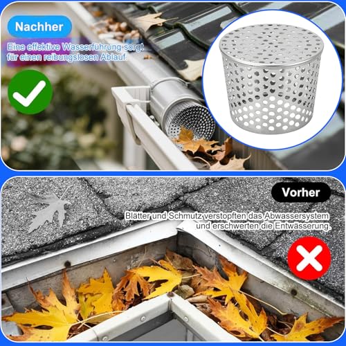 Oiieco Fallrohrschutz Edelstahl 304, Abfluss Sieb Fallrohrfilter 60–75 Mm, Laubschutz Und Rattenschutz Für Dachablauf, Regenwasser Abfluss, Anti-Verstopfung Innenfilter