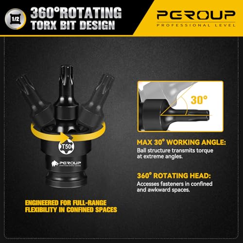 Drive Universal Swivel Impact Torx Socket Set, T30-T70, CR-MO Wobble Star Sockets With Hanging Bracket for Dead Angles - image 3