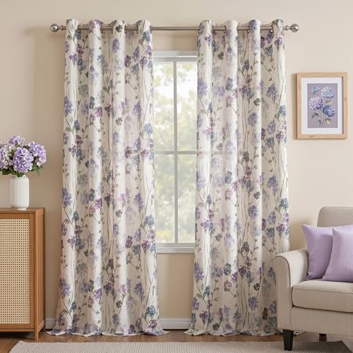 Image of MYSKY HOME Floor to Ceiling Linen Floral Curtains 102 Inch Length 2 Panels Semi Sheer Light Filtering Farmhouse Flower Printed Window Grommet Drapes for Dining Room, 52 inch W Each Panel, Purple
