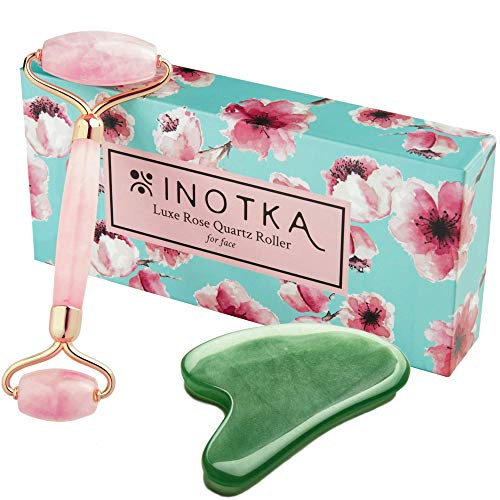 INOTKA Luxe Rose Quartz Roller With Jade Gua Sha Massage Tool, Certified Natural Brazilian Rose Quartz, Massager for Body, Face Depuffing, Lymphatic Drainage
