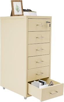 6 Drawers File Cabinet with Lock Freestanding Vertical File Cabinets for Home Office with 4 Wheels for Notepads Cosmetic Bills 11" D x16 W x27 H Beige
