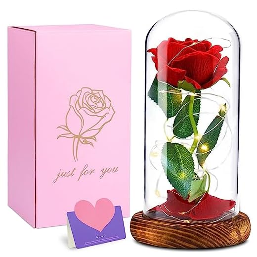 Cirulli Kit de Rosas,La Bella y La Bestia Rosa Encantada,Elegante Cúpula de Cristal con Base Pino Luces LED,Beauty and Regalos Magicos Decoración para Valentín Aniversario Bodas,Flores preservadas