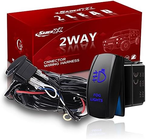SABER X 2 Lead F250 LED Light Bar Wiring Harness Kit SPDT 40A 12V Fuse Relay On-off"Fog Light" Laser Rocker Switch Blue (12FT) Fit Suburban Tacoma Tahoe Titan tj Blazer Offroad Lights