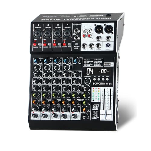 SOWOITIG Audio Mixer 6 Channel Professional Sound Mixer Console with 99 DSP Effects Mixing Board DJ Mixer w/USB Bluetooth 48V Power Supply PAD Button for Recording Karaoke PA Drum Live Music