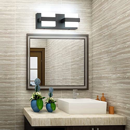Image of SOLFART 2 Lights Black Bathroom Vanity Lights Over Mirror 12.6 Inch Modern LED Black Bathroom Lighting Fixtures Vanity Light 12.6 Inch White Light Non Dimmable