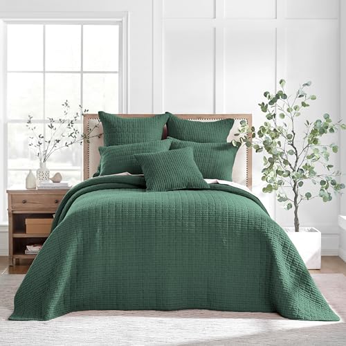 Image of Levtex Home Mills Waffle Queen Bedspread Set (104x106in) with 2 Pillow Shams (26x20in) - Forest Green - 100% Cotton Queen Size Bedspread Set - Lightweight, Soft, Pre-Washed