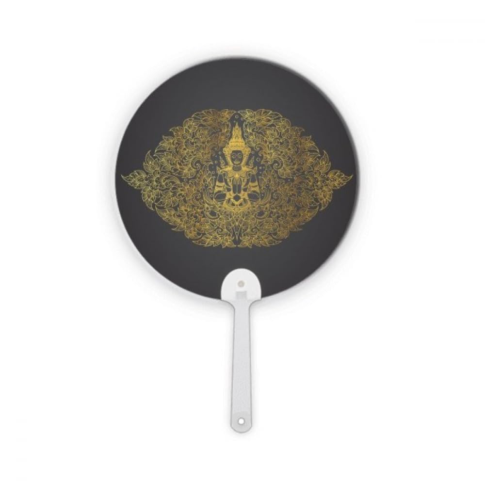 Éventail à main thaïlandais rond en plastique avec illustration feuille symétrique
