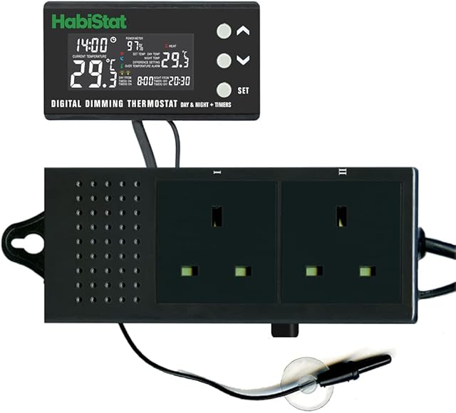 Habistat - Digital Dimming Thermostat - Day And Night Timer - Waterproof - 3 Metre Long Sensor - Adjustable Alarm - Perfect For Reptile Encourages - 600 Watt