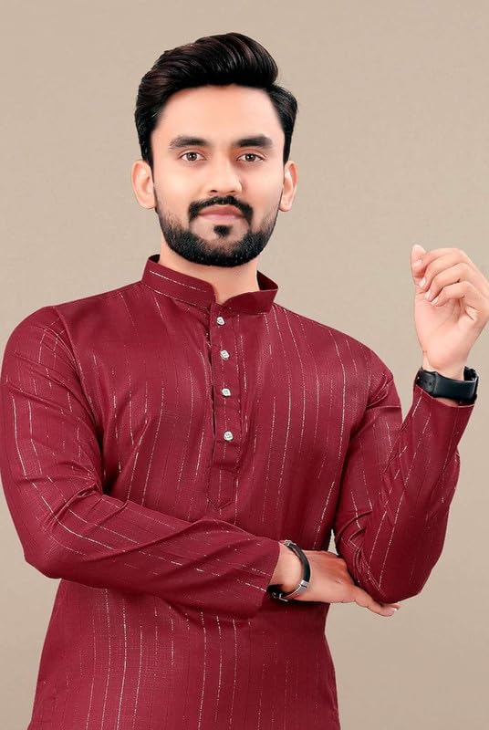 Image of FASHION GALLERY Men's Solid Pattern Polycotton Kurta with Long Sleeve Round Neck Knee Length and Pull On Closure Type|Men Kurta Pajama Set