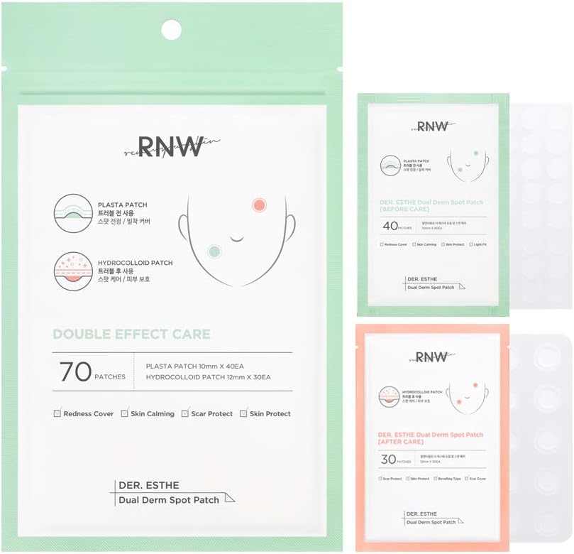 RNW Der. Esthe Dual Derm Spot Patch Set, Plaster Patch + Hydrocolloid Patch (70 Patches) Care for Acne Pimples Zits Pores | Invisible Blemish Cover | All Day Long Korean Skincare