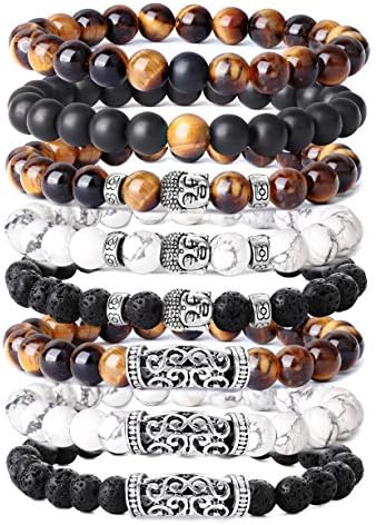YADOCA 8 Pcs 8MM Beads Bracelet for Men Lava Tiger Eye Stone Buddha Bracelet Gothic Punk Stretch Bracelet Set