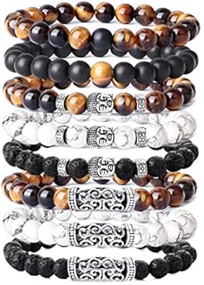 YADOCA 8 Pcs 8MM Beads Bracelet for Men Lava Tiger Eye Stone Buddha Bracelet Gothic Punk Stretch Bracelet Set