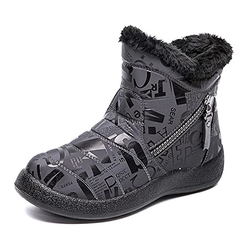 Unisex Winterstiefel Warm Gefüttert Schneestiefel Jungen Mädchen Stiefeletten Flach Rutschfeste Winterschuhe Casual Outdoor Stiefel, Grau 34 EU = Etikett 35 Cover