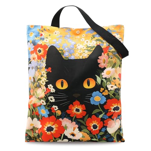 FlyingMage Canvas Tote Bag for Women, Cute Tote Bag with Buckle & Pocket, Aesthetic Reusable Shoulder Bags for Work Shopping (Orange Flower Cat)