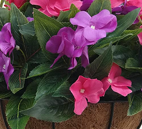 Mynse Flo Set Of Hanging Basket Artificial Impatiens Flowers Purple And Pink For Balcony Decoration (Big Basket And Artifiical Flowers) Flo #TOP4