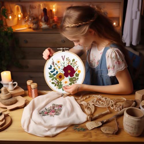 Image of Bonroy Embroidery Kit for Beginners with Instructions,Cross Stitch Kits for Adults with Pattern,Needlepoint Kits for Adult Include Embroidery Cloth Hoops Needles Threads (flowers2)