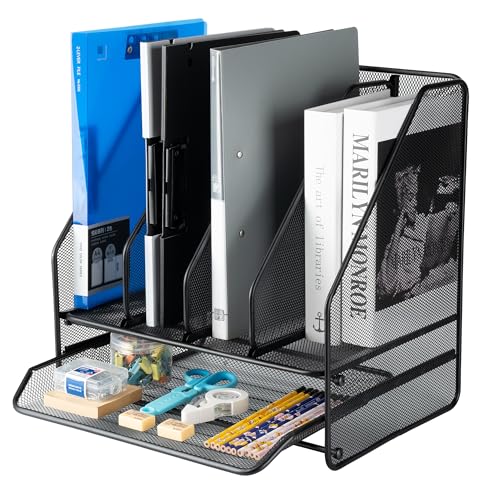ZNMYDMT Mesh Desk Organizer Magazine File Holder, with 4 Vertical Compartments Rack and 1 Bottom Compartment,Desk Organizers and Accessories for Home Office, Black