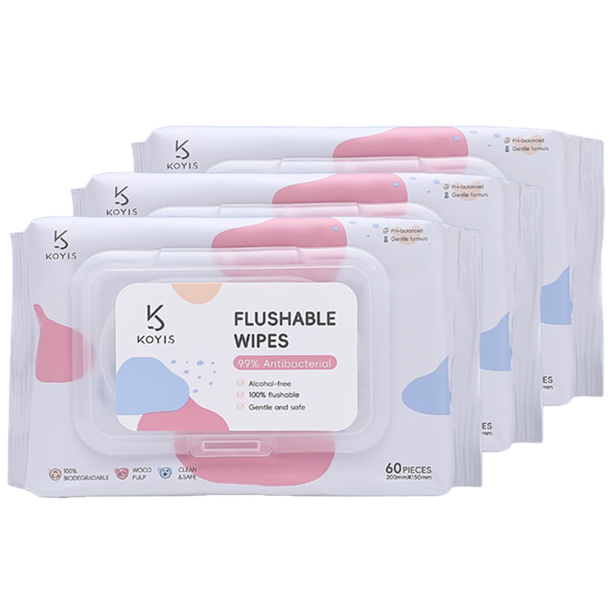 KOYIS Wet Toilet Paper,Flushable Butt Wipes Virgin Pulp And Plant Eextracts Moist Wipes Septic & Sewer Safe-Gentle And No Additives-60 Count X3 Pack