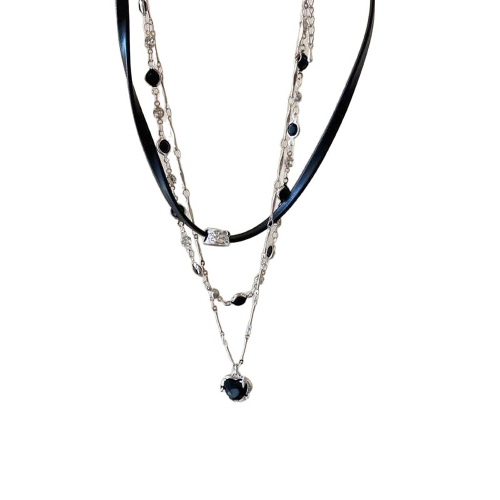 Collar de cordón negro con dije de corazón metálico para superponer capas 8