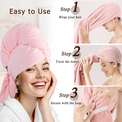 Image of Large Hair Towel Wrap for Women, Quick-Dry Turban, Ultra Absorbent & Anti-Frizz, Ideal for Long, Thick & Curly Hair, Soft Lightweight Microfiber Drying Towel (24x42, Pink)