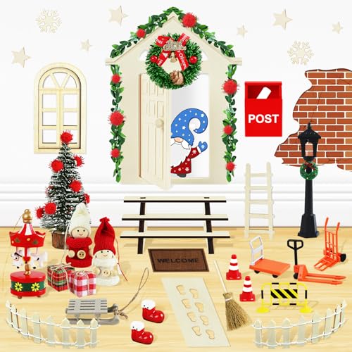 Wichteltür Set Komplettset 58PCS, Miniatur Wichtel Set Zubehör Weihnachten mit Baustelle, Licht, Briefkasten, Leiter, Stiefel, Zaun, Weihnachtswichtel Set Wichtelset DIY Weihnachtsdeko für Kinder