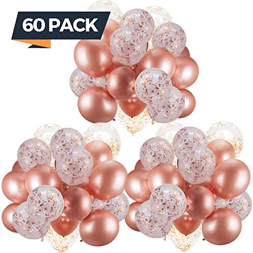60 Pack Dandy Decor Rose Gold Balloons + Confetti Balloons w/Ribbon | Rosegold