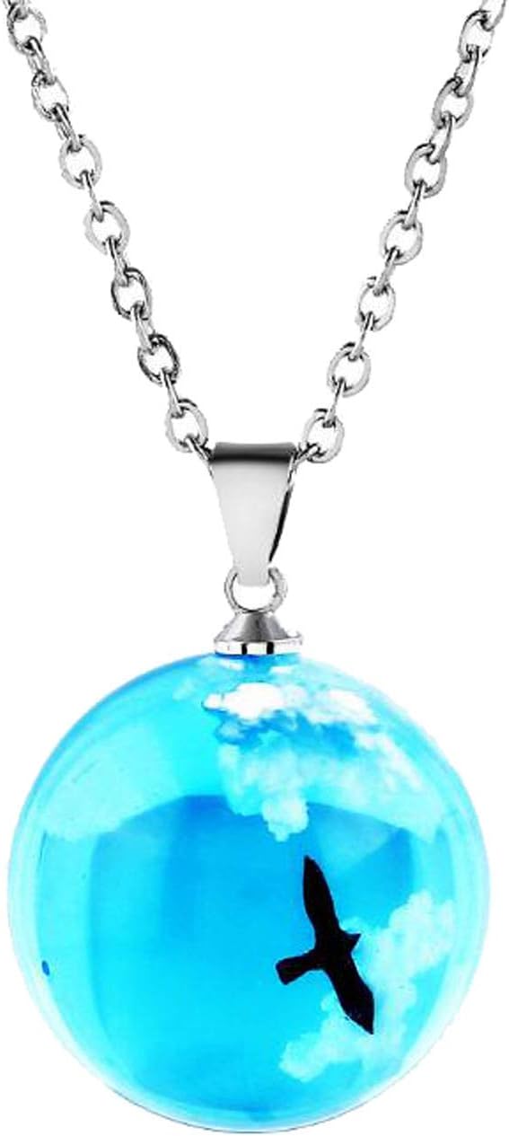 Glass Necklace for Women Girls Doble Sided Flying Eagle in Sky Cloud Resin Ball Pendant Long Chain Glow in Dark