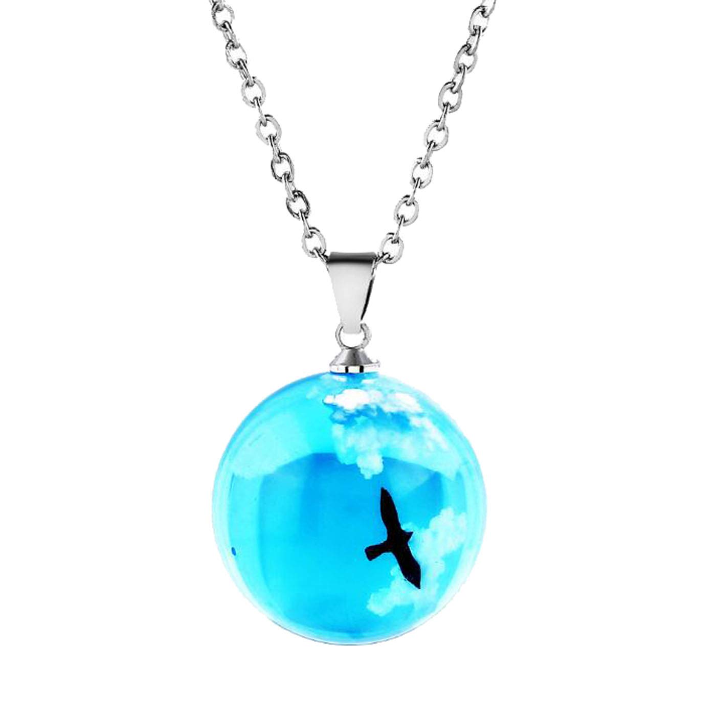 Glass Necklace for Women Girls Doble Sided Flying Eagle in Sky Cloud Resin Ball Pendant Long Chain Glow in Dark