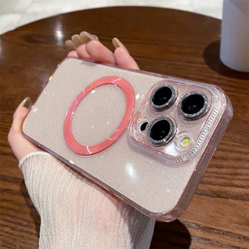 Coque magnétique paillettes rose pour iPhone 14 Pro Max avec protection objectif en strass