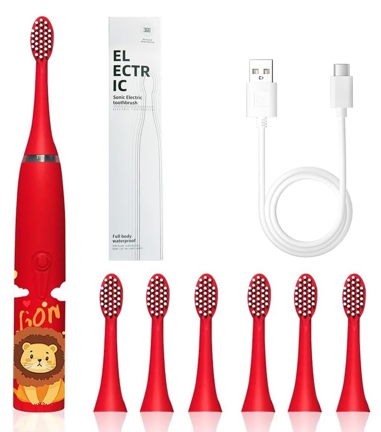Bioline Kids Children Electric Automatic Toothbrush Kit With 6 Brushes, Cleaning Lion Cartoon Animals Tooth Cleaner Set Oral Care Electric Toothbrush Dental Tools For Age 3-15 Years, 1 Piece,White-image-44