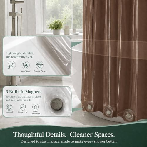 Image of EHZNZIE Brown Shower Curtain Liner 72x72, PEVA Waterproof Bath Curtain, No Chemical Smell, 3 Weighted Magnets, Durable with Rustproof Metal Grommets
